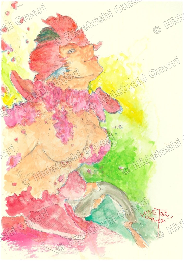大森英敏 オリジナル水彩イラスト — カラフルなキャラクター群像 ©Hidetoshi Omori
