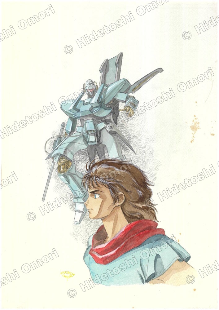 大森英敏 オリジナル水彩イラスト — メカと男性横顔 アニメーター直筆 ©Hidetoshi Omori