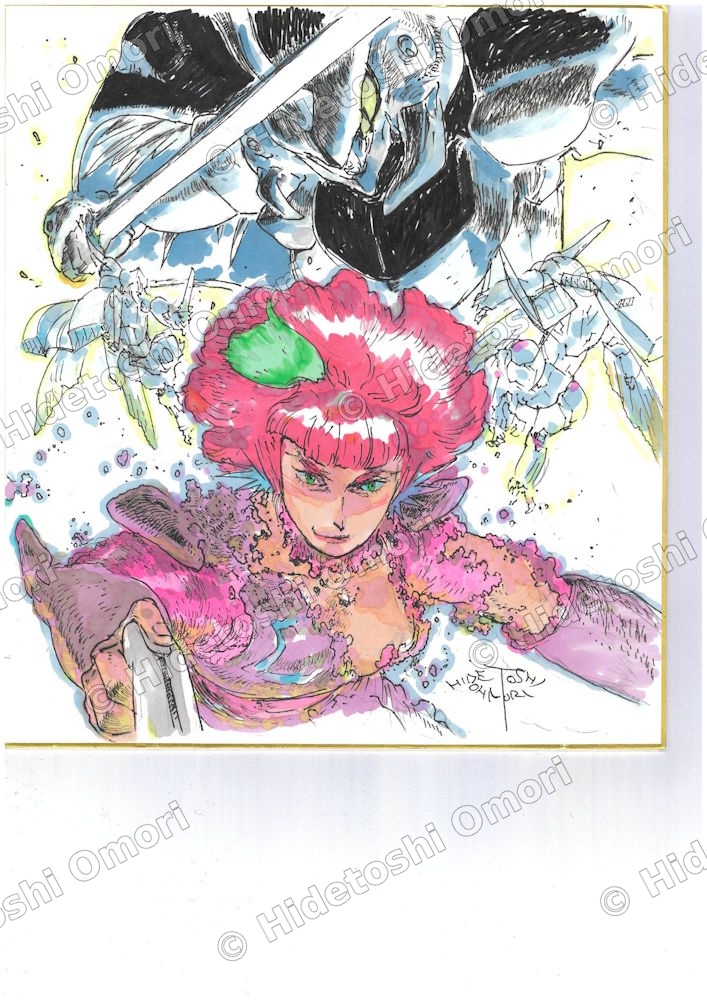 大森英敏 オリジナル水彩イラスト — ピンク髪の女性とメカ ©Hidetoshi Omori