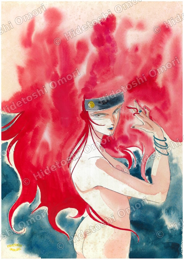 大森英敏 オリジナル水彩イラスト — 赤髪の女性キャラクター ©Hidetoshi Omori